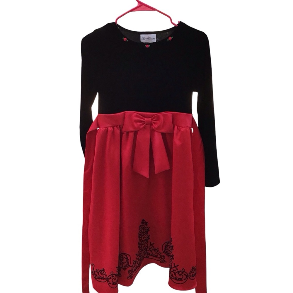Rare Editions Black Velour Rosebud Applique Red Skirt Dressy Holiday Party Dress